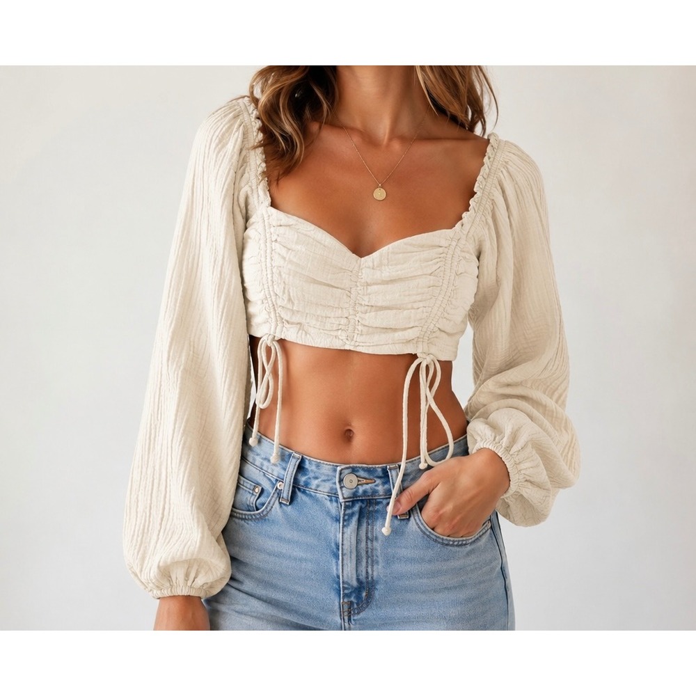Beige Botany Gauze Ruched Crop Top Cream Balloon Sleeve Boho S Coastal Cowgirl